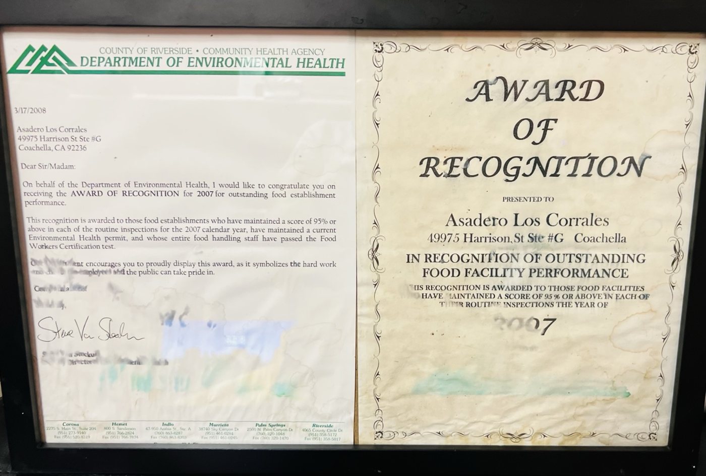 Reconocimiento del Departamento de Salud Ambiental del Condado de Riverside, 2007